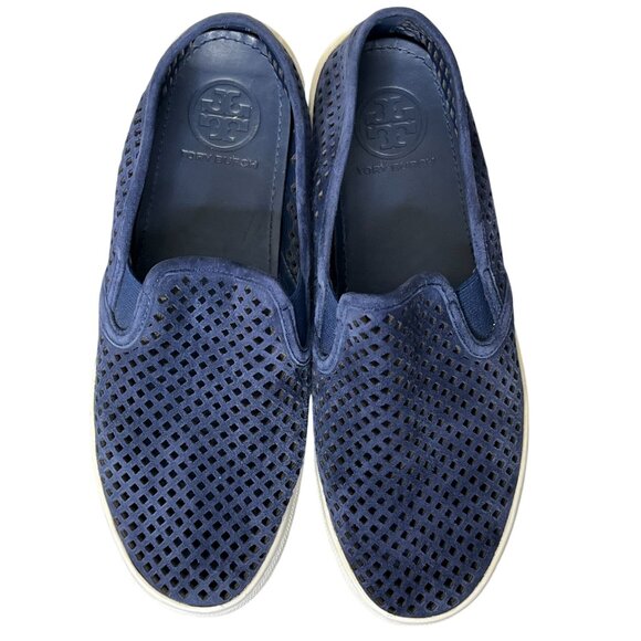 Tory Burch Jesse Perforated Suede Navy Blue Slip-On Sneakers Size 7 - Picture 6 of 14